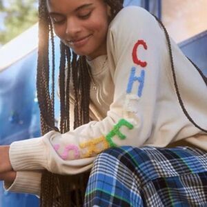 Aerie‎ Down To Earth "CHEERS" Oversized Fleece Crew Sweatshirt Soft Oat SML EUC